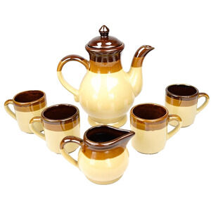 Tea & Creamer Set Of 4 Cups Adult's Kitchenware 7PCS Brown & Tan Made in Taiwan